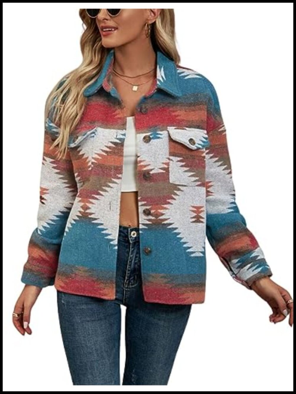 Wool Blend Aztec Print Button Down Shacket Long Sleeve Turn Down Collar
